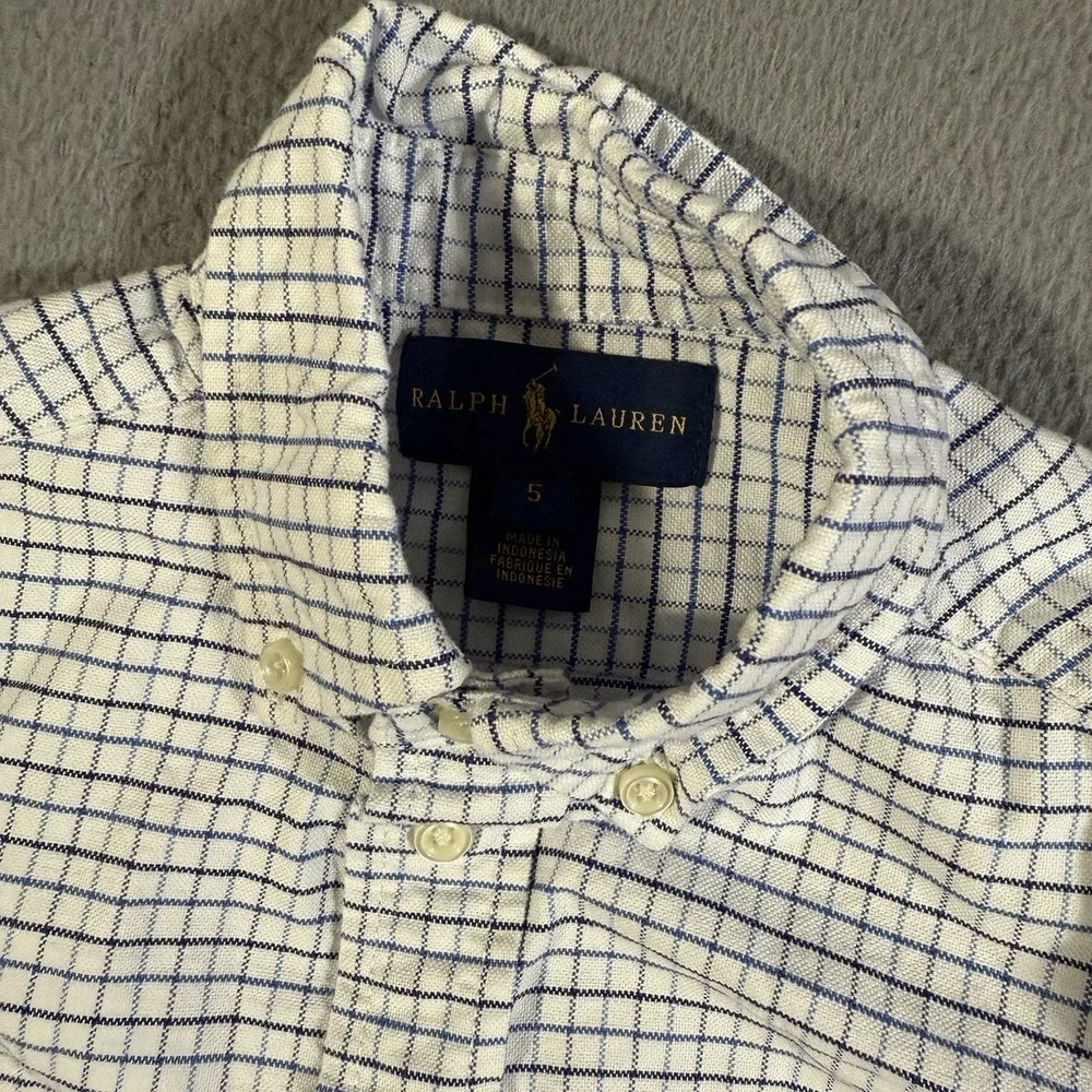 Polo‎ Ralph Lauren Boys Check Button Down Shirt Size 5 White Blue Classic Preppy